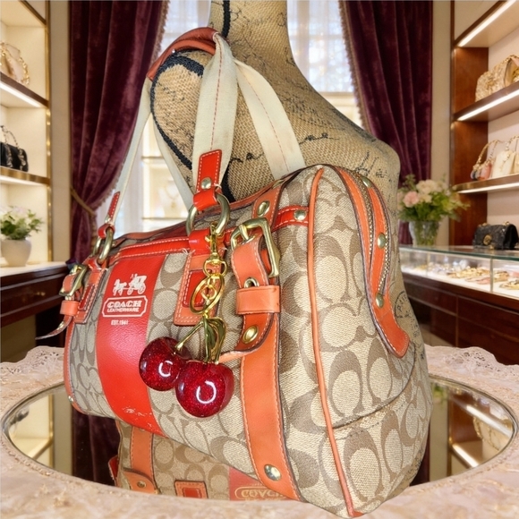 Coach Heritage Strip XL ZIP Satchel With Cherry Charm - Picture 11 of 16